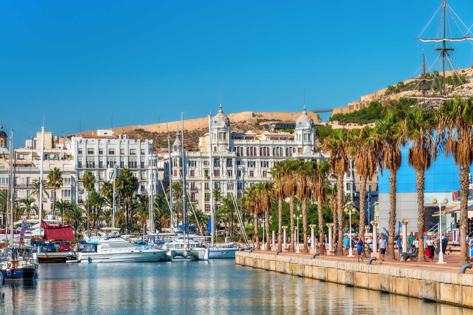 Alicantes marina med palmer og Castillo de Santa Bárbara